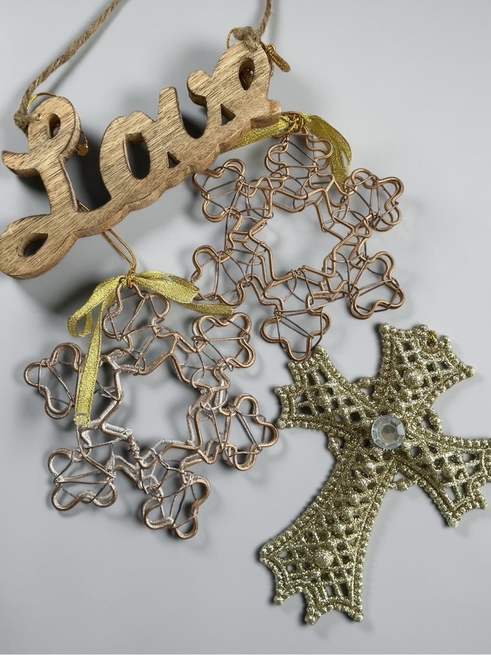 Vintage Christmas ornaments, wire wood, farmhouse, religious cross